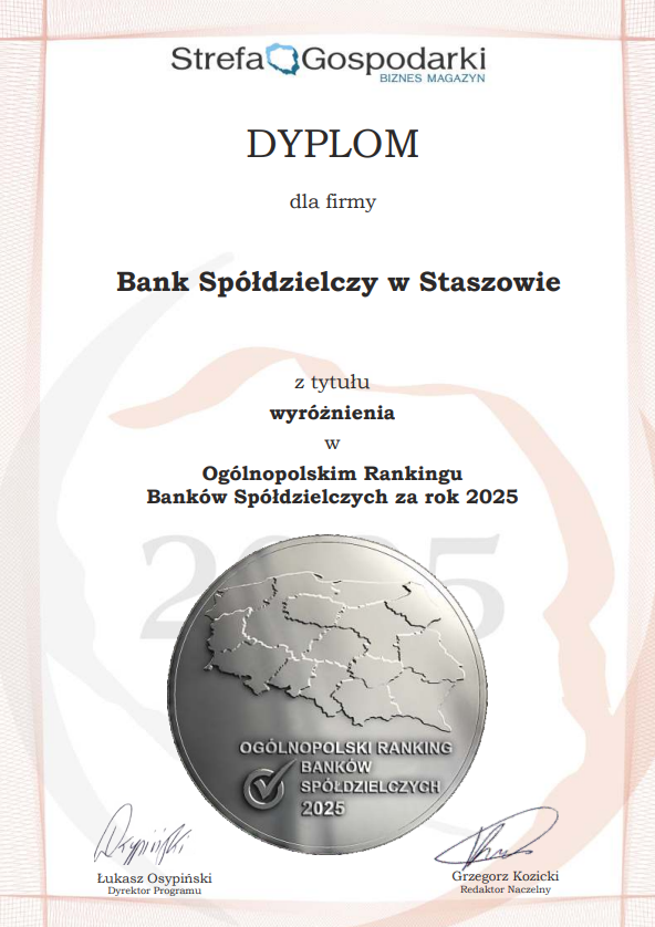 Dyplom Ogólnopolski Ranking Banków Spółdzielczych za rok 2025